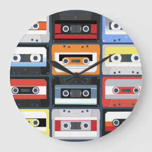 Compact cassettes: vintage flat design. large clock