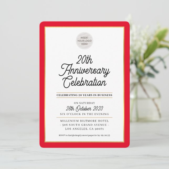 COMPANY ANNIVERSARY modern business red gold Invitation (Standing Front)