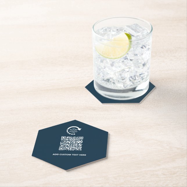 Company Business Logo QR Code | Navy Blue Paper Coaster (Insitu)