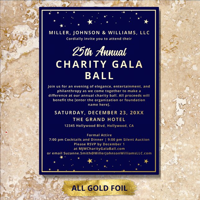Company Charity Gala Ball Elegant Blue All (Elegant Charity Gala Ball Invitations in All Gold Foil, fully customizable with your details.)