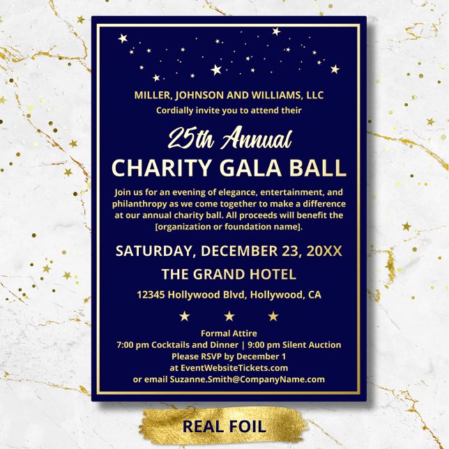 Company Charity Gala Ball Elegant Blue Custom (Company Annual Charity Gala Ball elegant custom gold foil invitation with matching envelope.)