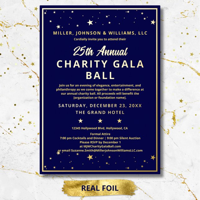 Company Charity Gala Ball Elegant Blue Custom (Company Annual Charity Gala Ball elegant custom gold foil invitation with matching envelope.)
