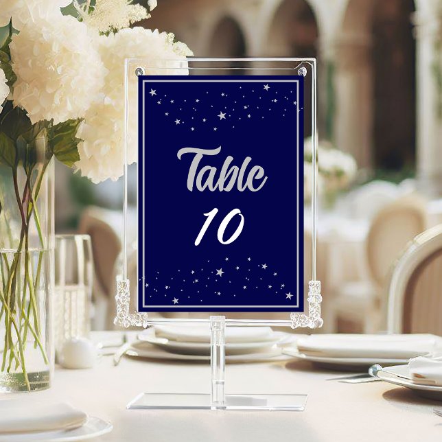 Company Charity Gala Event Elegant Silver Blue Table Number (Company Charity Gala Event Elegant Silver Navy Blue Table Number with Silver Stars.)