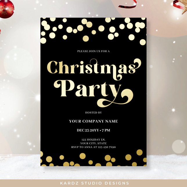 Company Christmas Party Gold Foil Invitation (Real Gold Foil Holiday Card shown in 5 x 7 inches. Choose foil color and corner style at checkouy.)