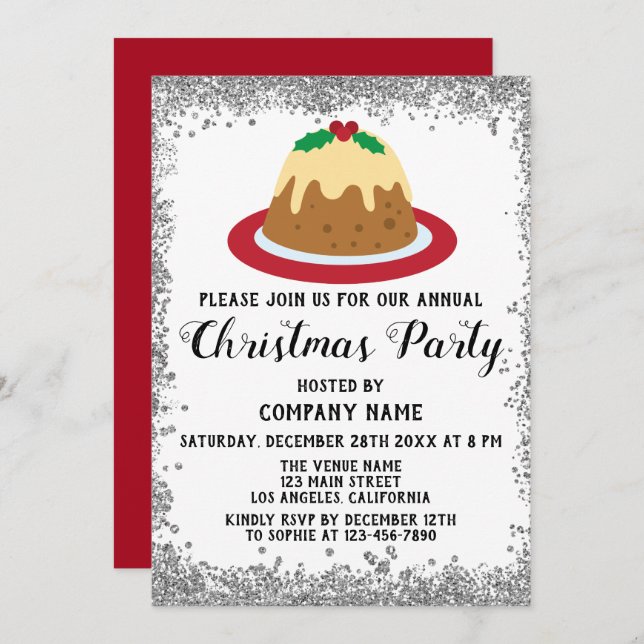 Company Christmas Party Holiday Pudding Red Silver Invitation (Front/Back)