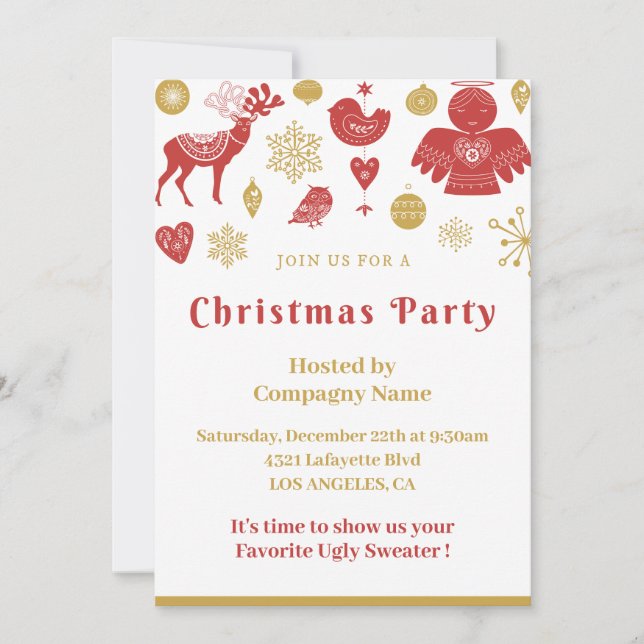 Company Christmas Party Invite Gold Red Nordic (Front)