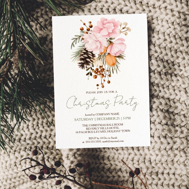 Company Christmas Party rustic botanical Invitation (Company Christmas Party Invitation template rustic pink winter greenery office corporate party invit)