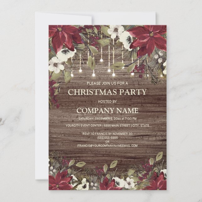 Company Christmas Party Rustic Wood Red Poinsettia Invitation (Front)