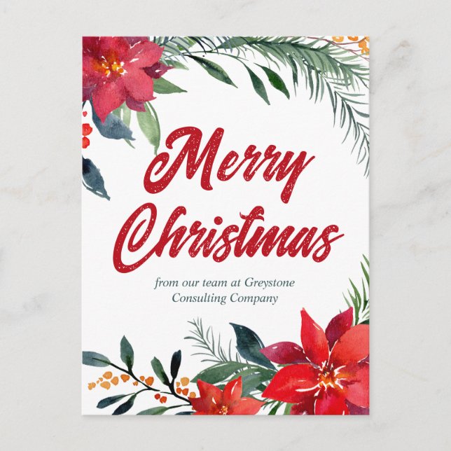 Company Christmas Poinsettia Floral Custom Holiday Postcard (Front)