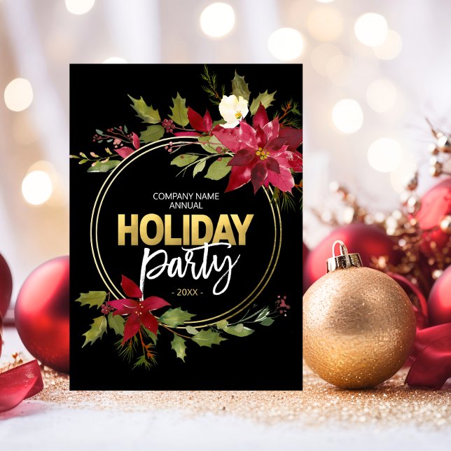 Company CORPORATE Red Black Gold Poinsettia PARTY Holiday Card (Company CORPORATE Red Black Gold Poinsettia PARTY Holiday Card)