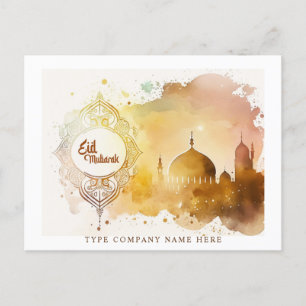 Company Corporate Watercolor Mosque Eid Mubarak Holiday Postcard
