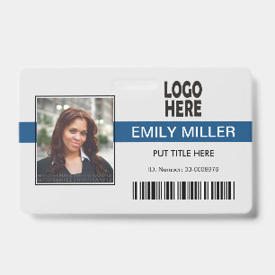 Company employee logo, barcode blue photo template ID badge
