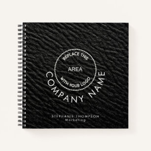 Company Employee Name Logo QR Black Faux Leather Notebook
