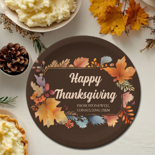 Company Happy Thanksgiving Leaves Brown Party Paper Plate