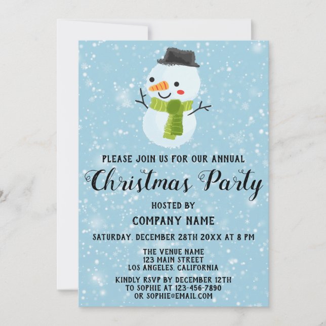 Company Holiday Christmas Party White Snowman Blue Invitation (Front)