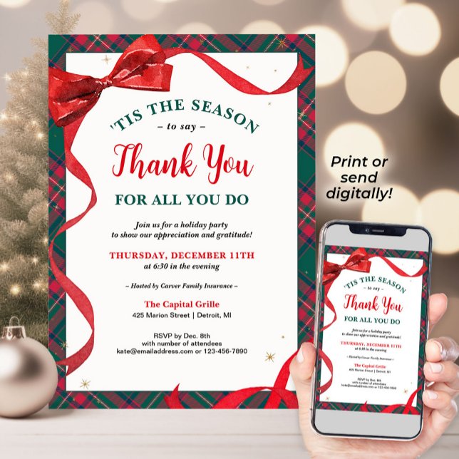 Company Holiday Party Invitation - Thank You Bow (Company Holiday Party invitation with a classic red bow and plaid, and a message of gratitude)