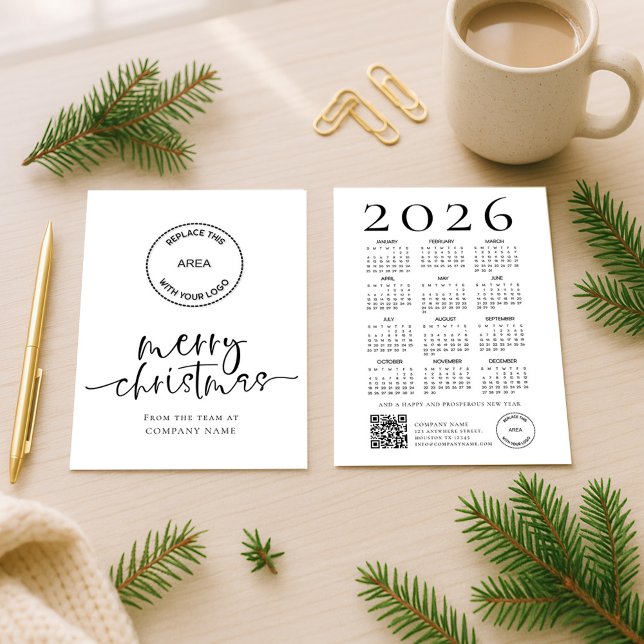 Company Logo 2026 calendar QR code Merry Christmas Holiday Card (Front and back view)