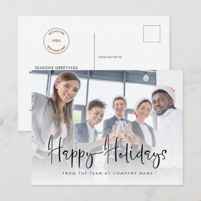Company Logo Add Photo Happy Holidays Script  Postcard (Front/Back)