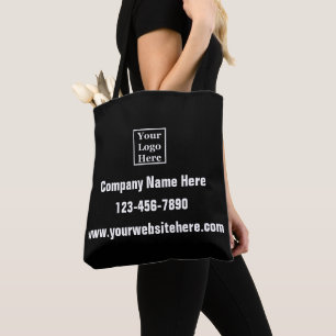 Company Logo and Contact Info on Black and White Tote Bag