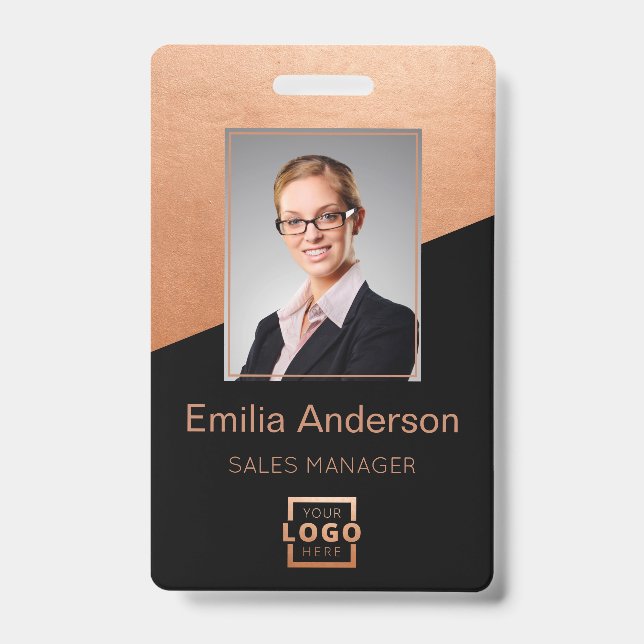 Company Logo Bar Code Employee Photo Rose Gold ID Badge (Front)