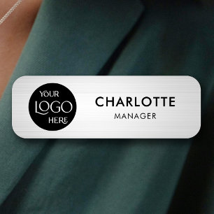 Company Logo Branded Professional Employee Silver Name Tag