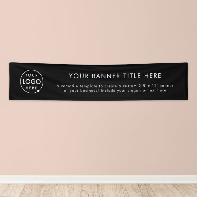 Company Logo | Business Modern Black 12' Banner (Sleek black company branded vinyl banner signage for small business promotion & marketing.)
