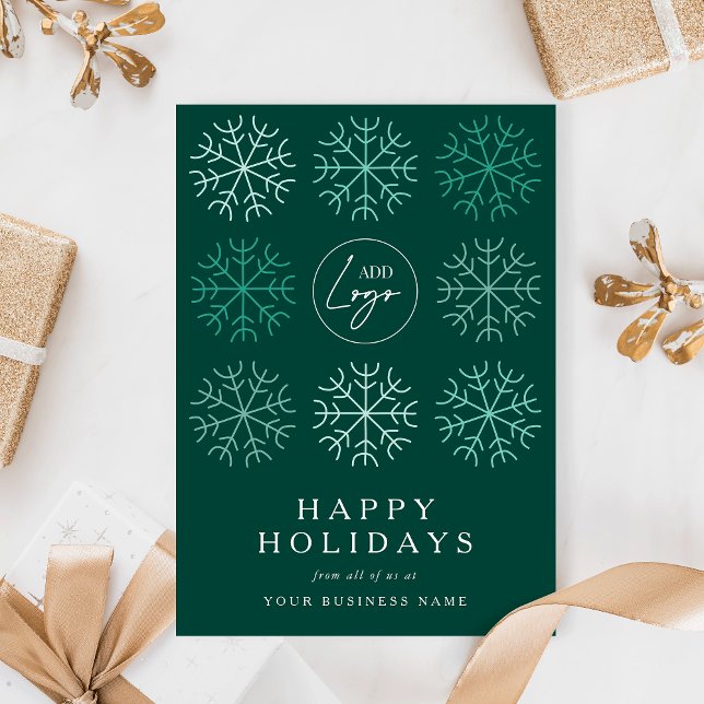 Company Logo Christmas Snowflakes Green Corporate Holiday Card (modern green and white festive design corporate holiday card with your custom company logo)