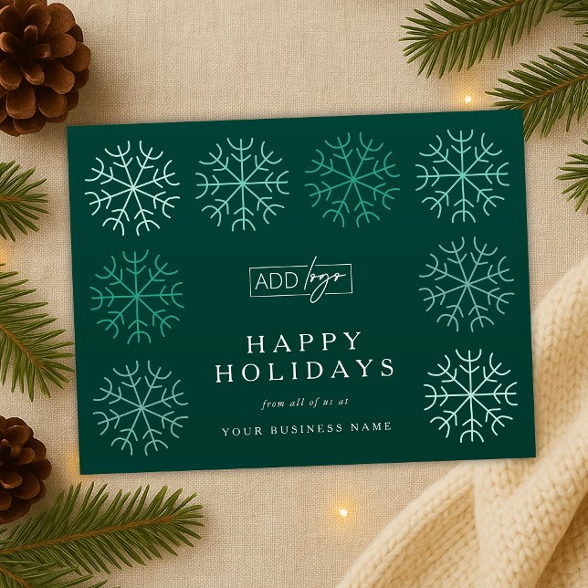 Company Logo Christmas Snowflakes Green Corporate Holiday Postcard (elegant green and white winter design corporate holiday postcard with your custom company logo)