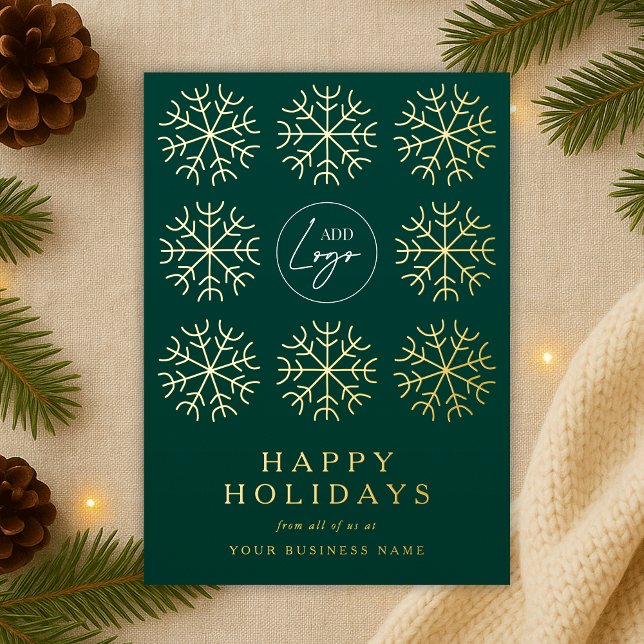 Company Logo Christmas Snowflakes Green & Gold (Corporate business logo green and gold foil holiday cards )