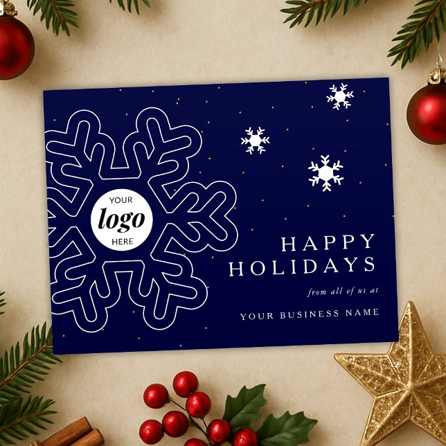Company Logo Christmas Snowflakes Navy Corporate Holiday Postcard (Corporate holiday postcard with your custom business logo, featuring elegant navy snowflake design)
