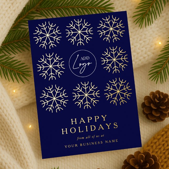Company Logo Christmas Snowflakes Navy & Gold (Corporate business logo navy blue and gold foil holiday cards )