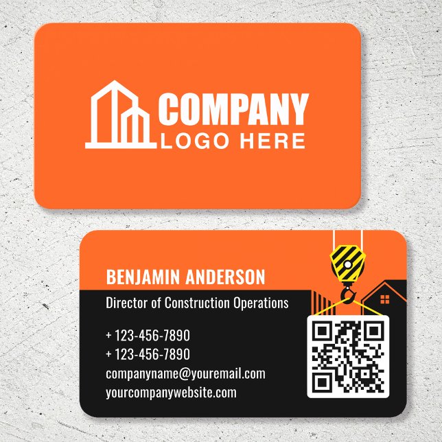 Company Logo Contractor QR Code Orange Custom Business Card (Creator Uploaded)