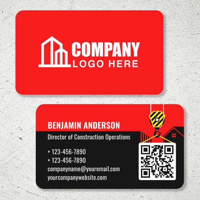 Company Logo Contractor QR Code Red Professional Business Card (Creator Uploaded)