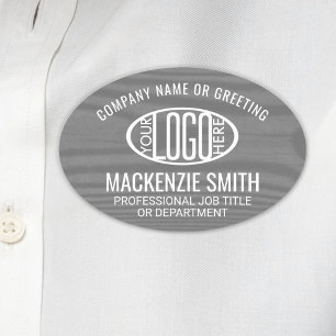 Company Logo Employee ID Grey Faux Wood Grain Oval Name Tag