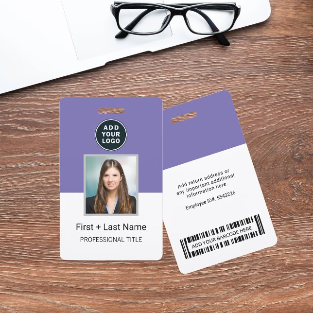 Company Logo Employee Photo ID Barcode Custom Name ID Badge (Business Logo Company Photo ID Purple and White Access Card)