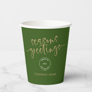 Company Logo Gold Green Seasons Greetings Xmas Paper Cups