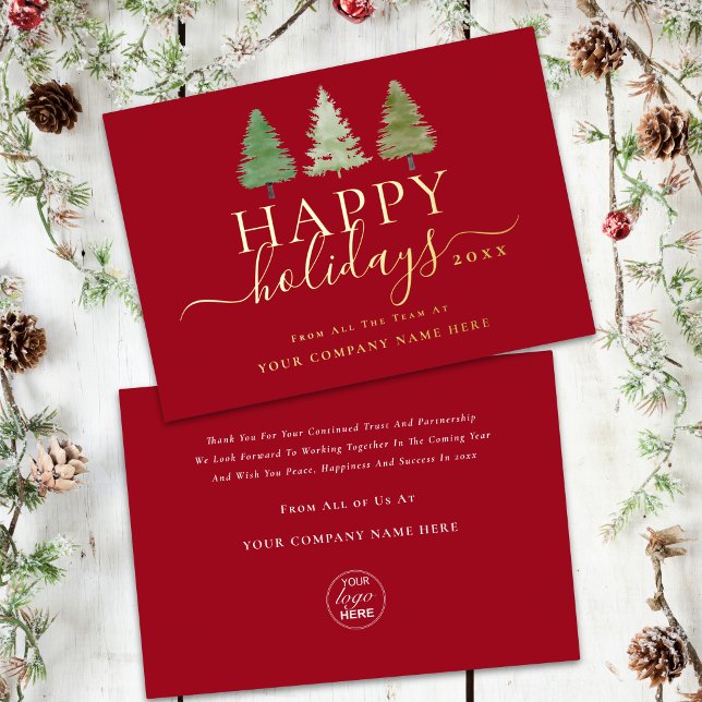 Company Logo Happy Holidays Xmas Trees Script Gold (corporate logo happy holidays Christmas trees elegant gold foil script red business holiday card)