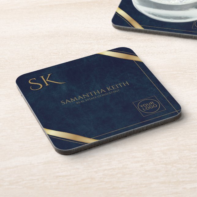 Company Logo Luxury Navy Leather 2025 Custom Coaster (Left Side)