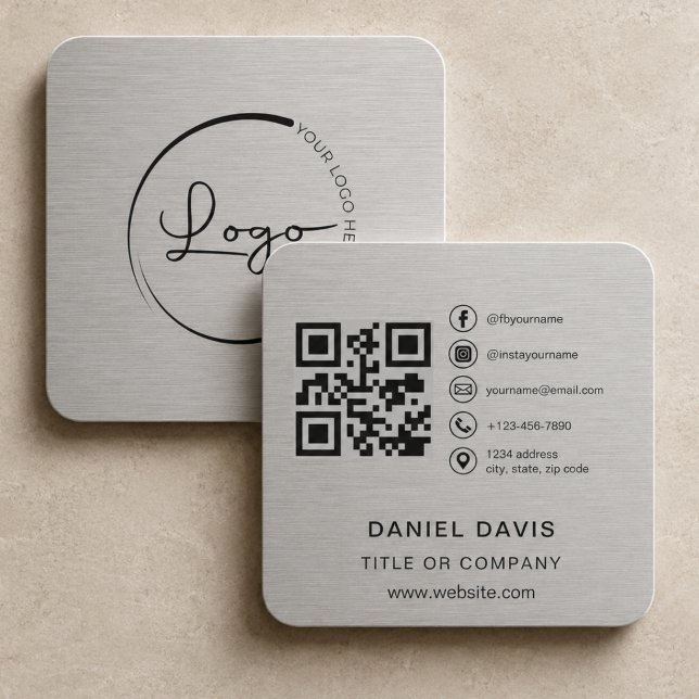 Company Logo Metallic QR Code Square Business Card (Creator Uploaded)