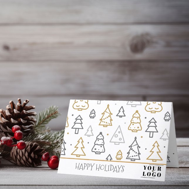 Company Logo Modern Christmas Tree Doodle Art Holiday Card (Logo Branded Merry Christmas Holiday Card by Busy Business Bee)