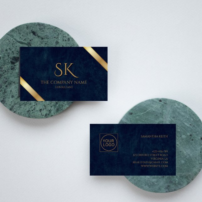 Company Logo Monogram Navy Blue Leather  Business Card (Creator Uploaded)