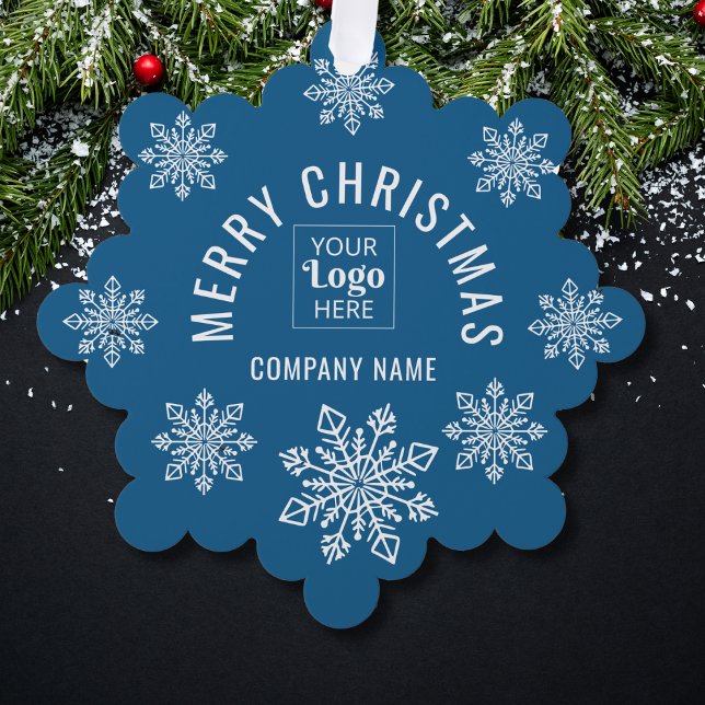 Company Logo Name Snowflake Merry Christmas Blue Tree Decoration Card (Creator Uploaded)