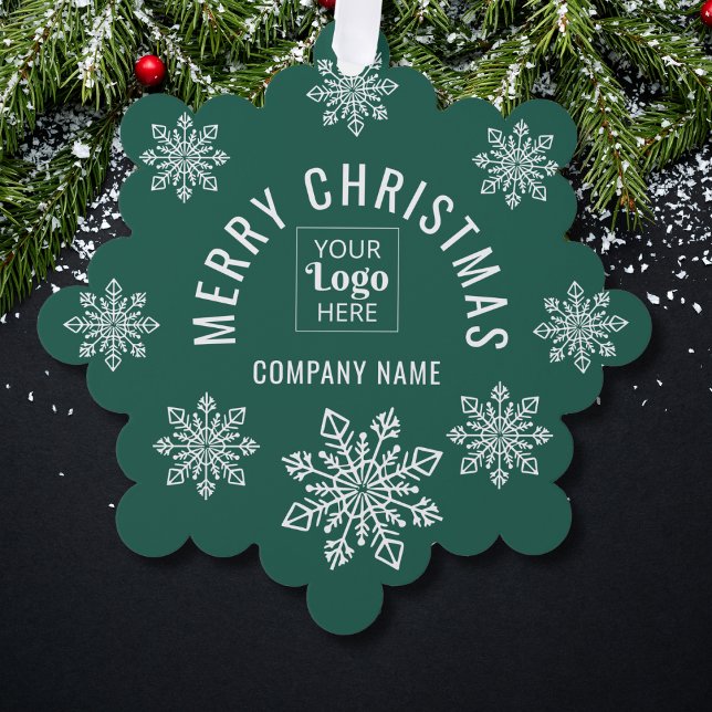 Company Logo Name Snowflake Merry Christmas Green Tree Decoration Card (Creator Uploaded)