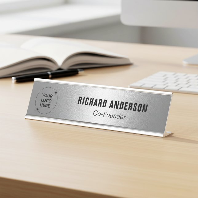 Company Logo Name Title Modern Silver Texture Desk Name Plate (Creator Uploaded)