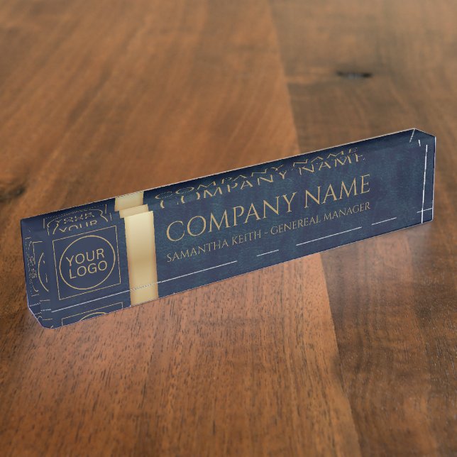 Company Logo Navy Leather  and Golden Custom Nameplate (Side)