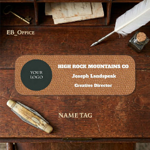 Company Logo on Classic Brown Leather Print Name Tag