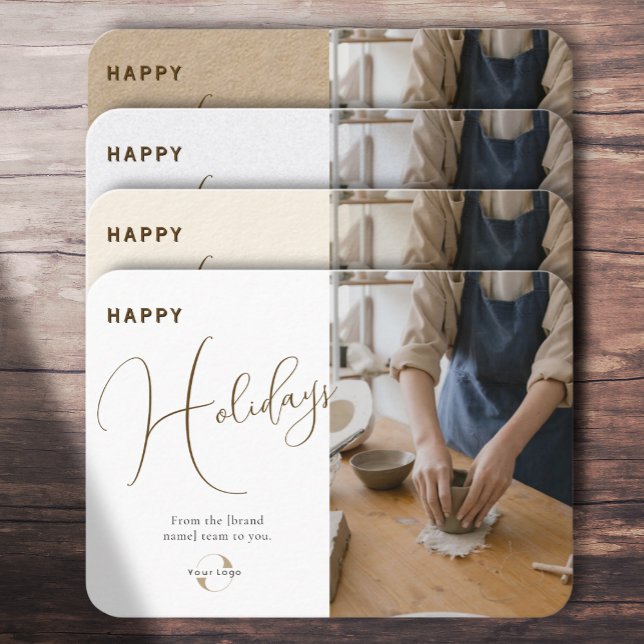 Company logo, photo & greeting White Kraft Holiday Business Card (Creator Uploaded)