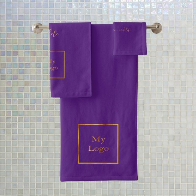 Company logo purple gold text business bath towel (Creator Uploaded)