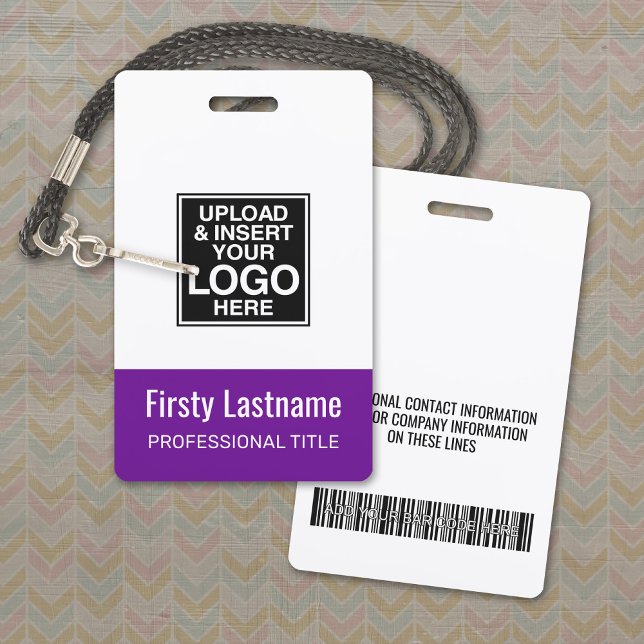 Company Logo PURPLE Name Title Bar Code Custom ID ID Badge (Logo Name Badge with Optional Lanyard)