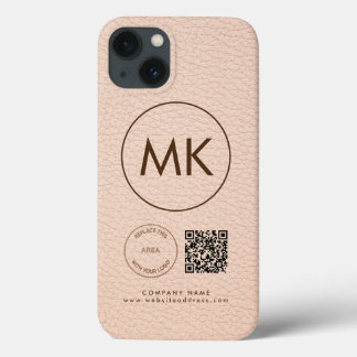 Company Logo QR Code Monogram Cream Faux Leather iPhone 13 Case